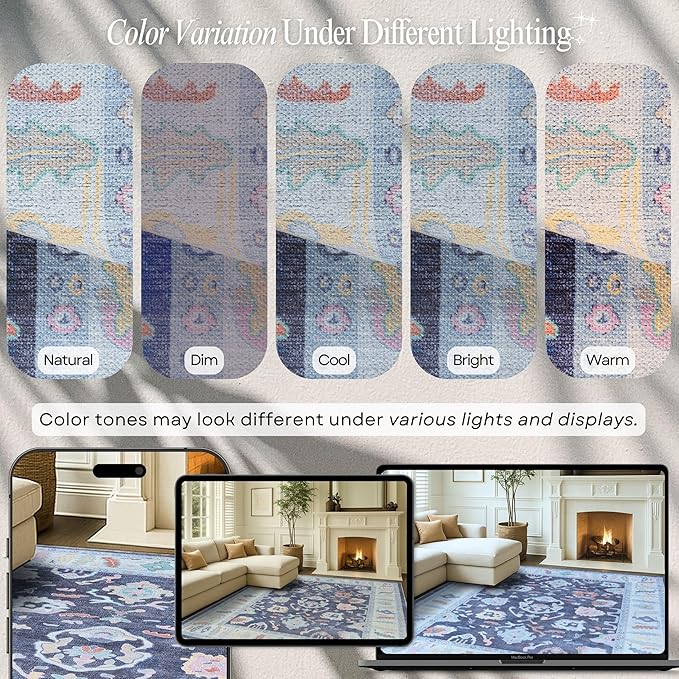 Fame Rugs Navy Blue Modern Oushak Rug 6x9, Vintage Turkish Colorful Oriental Antique Inspired Washable Large Area Rugs, Luxury Living Room Bedroom (388NB, 6' x 9')