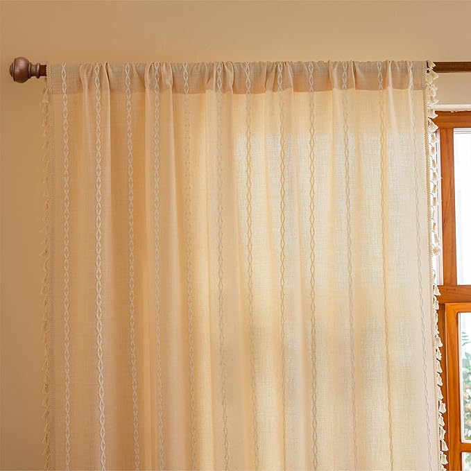 Sutuo Home Boho Curtains for Living Room, Semi Blackout Linen Farmhouse Shabby Chic Tassels Window Treatment Bohemian Embroidery Drape for Halloween Decor, Rod Pocket 1 Panel 52" W x 90" L, Champagne
