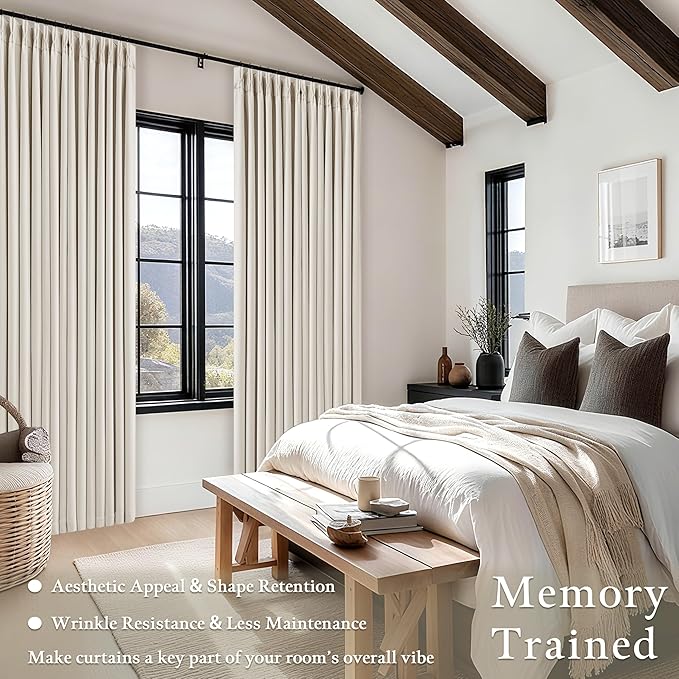 100 Inch Blackout Linen Curtains Pinch Pleated Back Tab Dual Layer Thermal Inslulated Room Darkening 100% Black Out Curtains 2 Panels for Sliding Glass Door Bedroom Living Cream Ivory Window Drapes