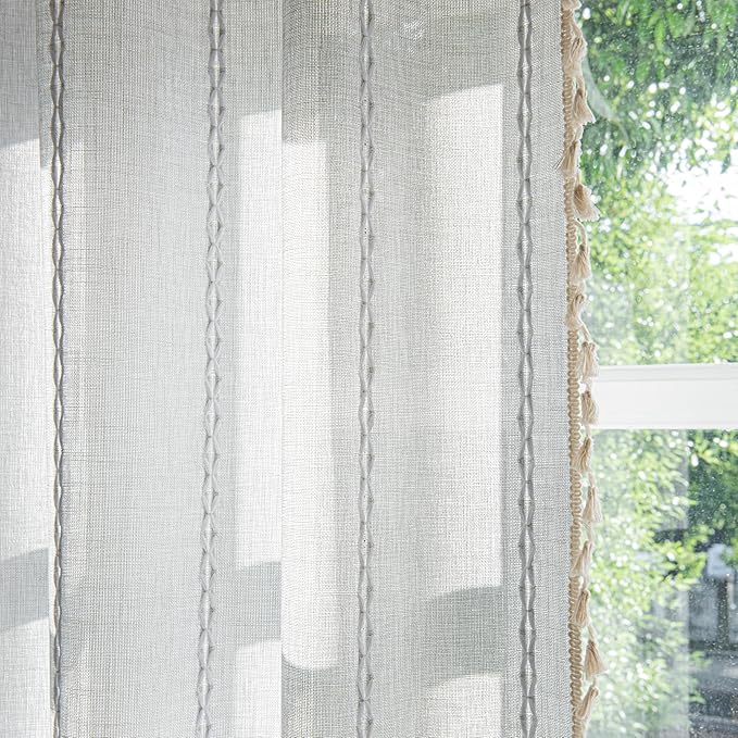 Sutuo Home Boho Curtains for Bedroom Living Room Kitchen, Semi Blackout Linen Farmhouse Shabby Chic Tassels Window Treatment Bohemian Embroidery Drape, Rod Pocket 1 Panel 52" W x 84" L, Light Grey
