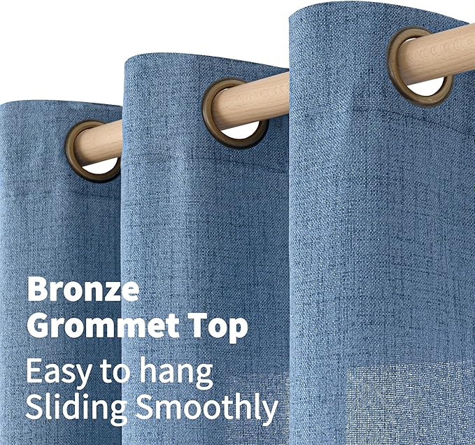YoungsTex Denim Blue Linen Curtains 68 Inch Length for Living Room, Semi Sheer Light Filtering Window Drapes with Bronze Grommet Privacy for Farmhouse Bedroom, 52 x 68 Inch, 2 Panels