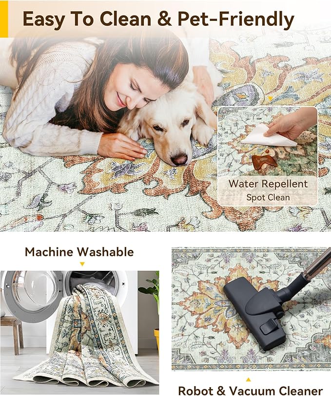 Area Rugs 2'6''x12' Washable Non-Slip, Floral Vintage Distress Print Pattern Medallion Carpet for Living Room Bedroom Dining Room, Light Yellow Carbon Grey Orange