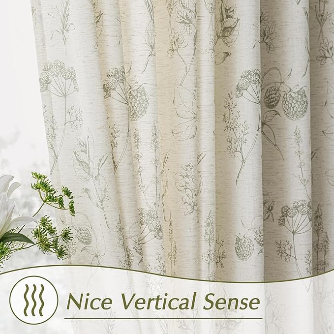 FMFUNCTEX Linen Curtains Floral Patterned Curtain for Bedroom Living Room, Sage Green Curtains 84 Inches Long Farmhouse, Light Filtering Beige Window Curtain Grommet Top 2 Panels Set