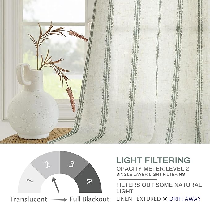DriftAway Farmhouse Vertical Striped Linen Blend Textured Light Filtering Semi Sheer Curtains for Living Room Bedroom 96 Inches Long Drapes 2 Panels Linen Loden Green