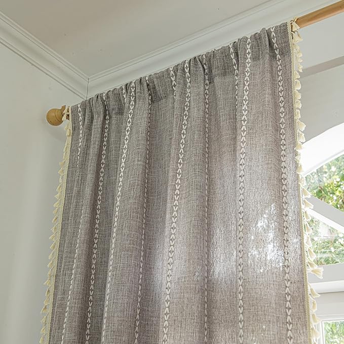 Sutuo Home Boho Curtains for Bedroom Living Room, Semi Blackout Linen Farmhouse Shabby Chic Tassels Window Treatment Bohemian Embroidery Drape, Rod Pocket 1 Panel 52" W x 90" L, Brown