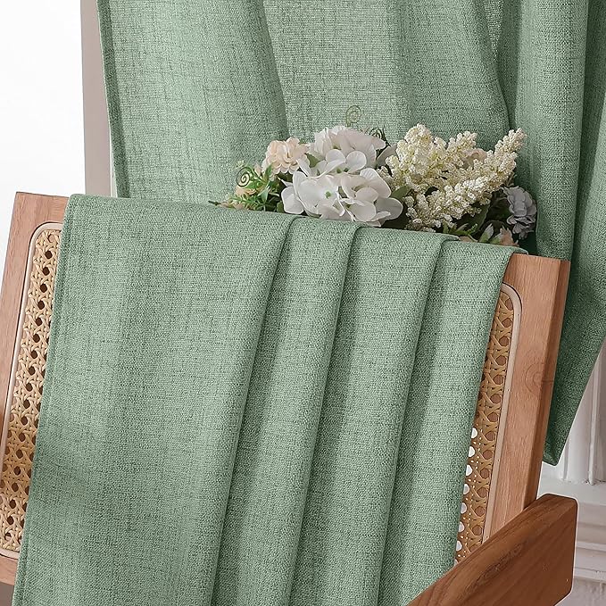 Tollpiz Linen Curtains Living Room Rod Pocket Semi Sheer Curtain Burlap Light Filtering Thick Linen Drapes for Bedroom, 38 x 63 inches Long, Sage Green, Set of 2 Panels