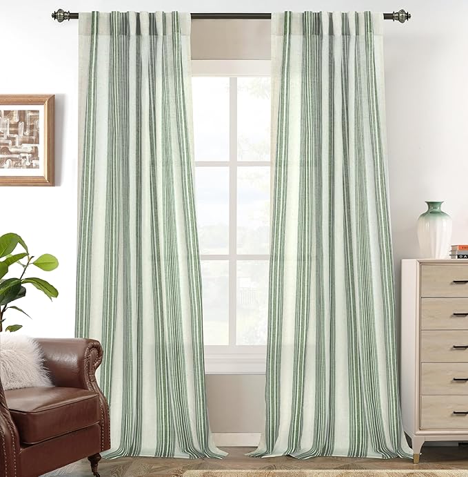 DriftAway Farmhouse Vertical Striped Linen Blend Textured Light Filtering Semi Sheer Curtains for Living Room Bedroom 96 Inches Long Drapes 2 Panels Broad Striped Linen Loden Green