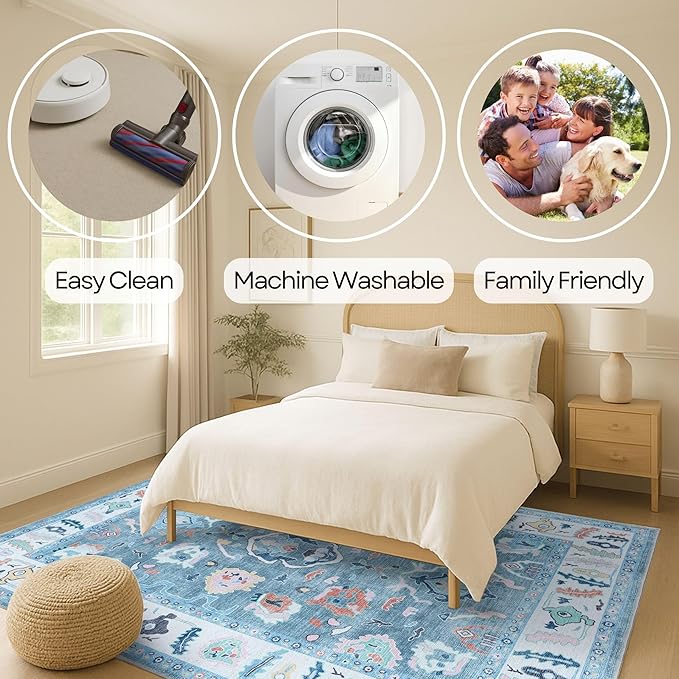 Fame Rugs Teal Modern Oushak Rug 2'6"x7', Washable Vintage Turkish Colorful Oriental Antique Inspired Foldable Small Runner Rugs, Luxury Living Room Bedroom (995T, 2'6" x 7')