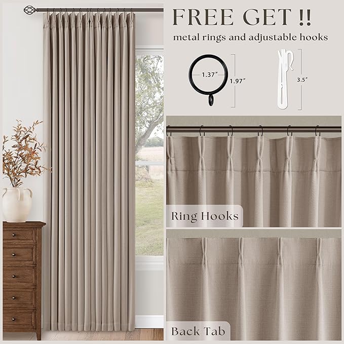 70 Inch Extra Wide Blackout Curtain 90 Inches Long for Living Room Pinch Pleated Thick Linen Thermal Insulated Drapes Back Tab Burlywood Birch 100% Black Out Curtain for Bedroom Large Window 1 Panel