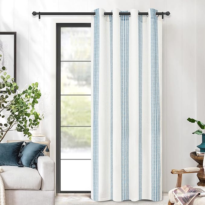 DriftAway Farmhouse Vertical Striped Linen Blend Textured Light Filtering Semi Sheer Curtains for Living Room Bedroom 84 Inches Long Drapes 1 Panel Broad Striped Jean Navy