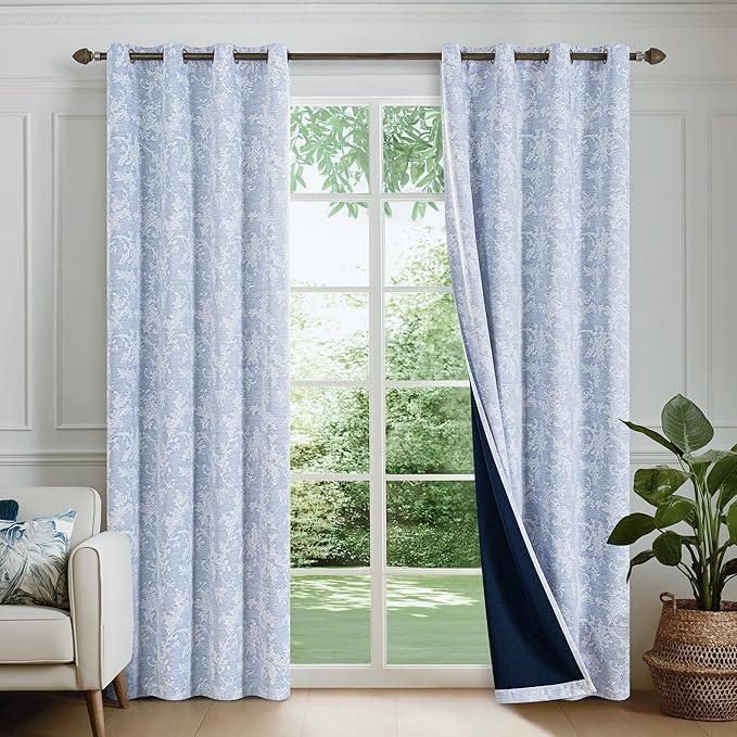 FMFUNCTEX Blue Floral Jacquard Blackout Curtains 90 Inches Long for Bedroom, Scroll Flower Chenille Farmhouse Curtains for Living Room Darkening Thermal Insulated Grommet Window Drapes 2 Panels