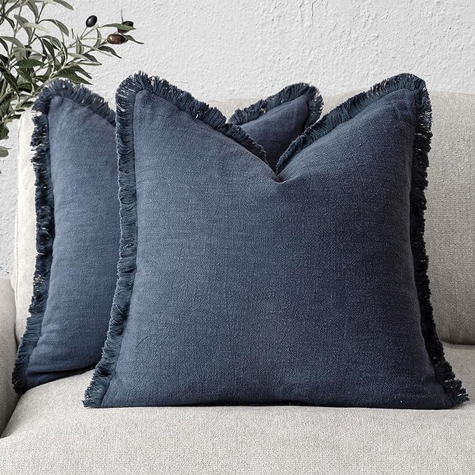 Foindtower Set of 2 Decorative Linen Fringe Throw Pillow Covers Cozy Boho Farmhouse Cushion Cover with Tassels Soft Accent Pillowcase for Couch Sofa Bed Living Room Home Decor, 24×24 Inch, Navy Blue