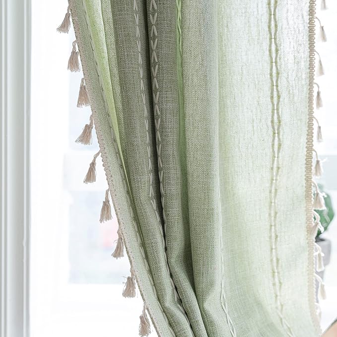 Sutuo Home Boho Curtain for Bedroom, Light Filtering Farmhouse Vintage Chic Tassels Window Treatment Bohemian Embroidery Drape, Rod Pocket 1 Panel 52" W x 108" L, Sage Green