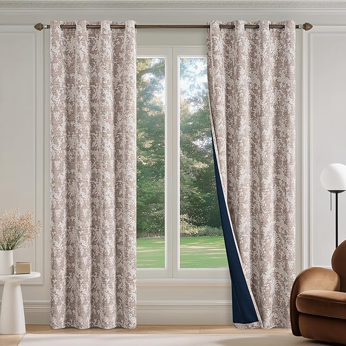 FMFUNCTEX Rust Brown Floral Jacquard Blackout Curtains 63 Inch Length for Bedroom, Scroll Flower Chenille Farmhouse Curtains for Living Room Darkening Thermal Insulated Grommet Window Drapes 2 Panels
