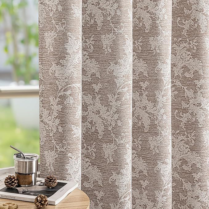 FMFUNCTEX Rust Brown Floral Jacquard Blackout Curtains 108 Inches Long for Bedroom, Scroll Flower Chenille Farmhouse Curtains for Living Room Darkening Thermal Insulated Grommet Window Drapes 2 Panels