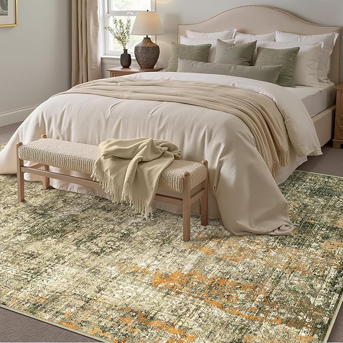 Area Rug 5x7 Brown Washable Non-Slip Lightweight Floral Vintage Distress Print Rug for Living Room Low Pile Soft Throw Indoor Carpet for Office College Dorm Laundry Dining Room Bedroom