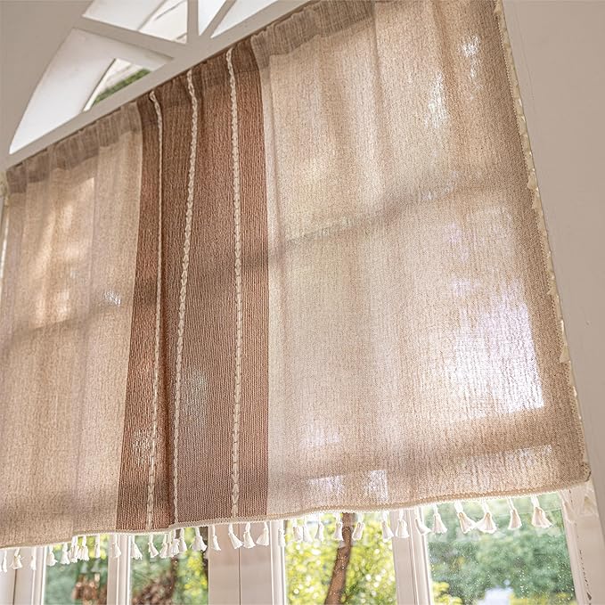 Sutuo Home Boho Curtains Valance 18 inch for Cafe Kitchen Doorway Closet, Short Sheer Farmhouse Chic Tassels Window Treatment Bohemian Embroidery Drape, Rod Pocket 1 Panel 52" W x 18" L, Coffee Linen