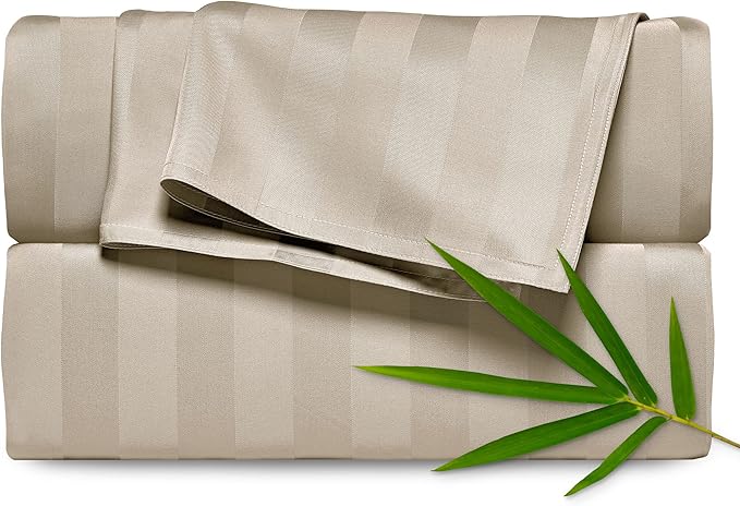 Pure Bamboo Queen Sheets, Genuine 100% Organic Viscose Derived from Bamboo Bed Sheet Set, Luxuriously Soft & Cooling, Double Stitching, 2 Year Quality Promise (Queen, Jacquard Sand)