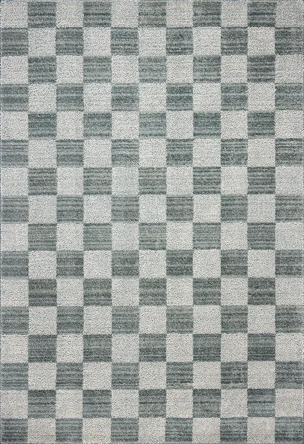 Loloi Chris Loves Julia Calvin Collection CLV-01 Blue/Ivory 7'-10" x 10' Area Rug Checkered Neutral Soft Living Room Bedroom Carpet