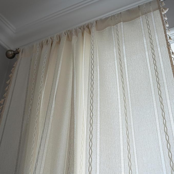 Sutuo Home Boho Curtain for Bedroom Living Room 72 Inches Long, Semi-Blackout Rustic Country Linen Embroidery Vintage Tassels Hollow Window Treatment Bohemian Drape, 1 Panel 52" W x 72" L, Ivory
