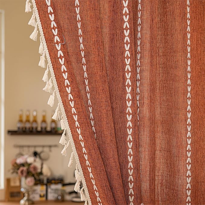 Sutuo Home Boho Sliding Door Curtains for Door Window, Bohemian Linen Tassles Light Filtering Temporary Room Privacy Dividers for Bedroom Living Room, Rod Pocket 1 Panel 37" W x 80" L, Terracotta