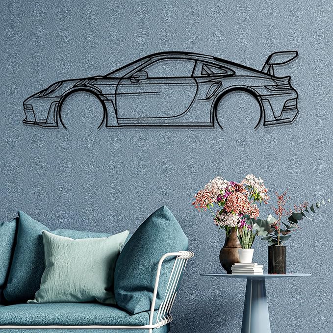 Dekory Car Wall Art – 911 GT3 RS (992) Black Metal Sports Car Silhouette, Modern Industrial Automotive Wall Decor for Garage, Living Room or Bedroom – 32 Inch (M)