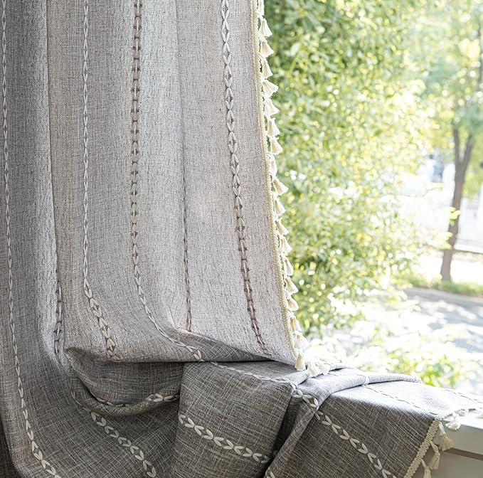 Sutuo Home Boho Curtains for Bedroom Living Room, Semi Blackout Linen Farmhouse Shabby Chic Tassels Window Treatment Bohemian Embroidery Drape, Rod Pocket 1 Panel 52" W x 90" L, Brown