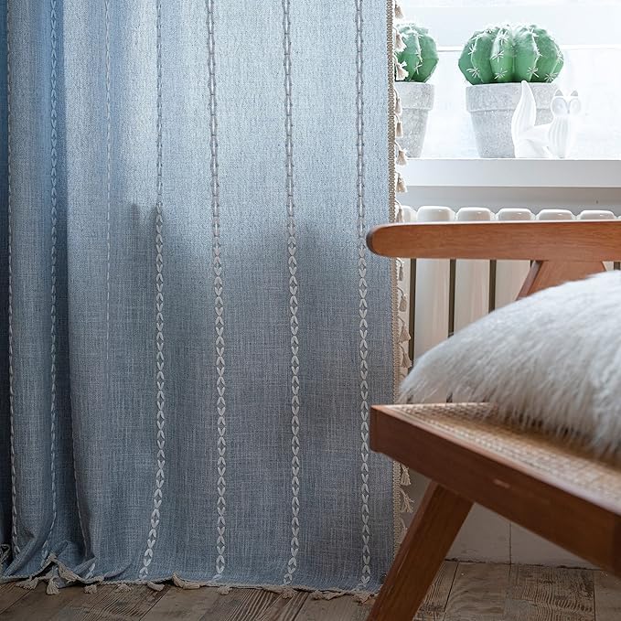 Sutuo Home Boho Curtains for Bedroom Dining Room, Light Filtering Farmhouse Vintage Chic Tassels Window Treatment Bohemian Embroidery Drape, Rod Pocket 1 Panel 52" W x 108" L, Blue