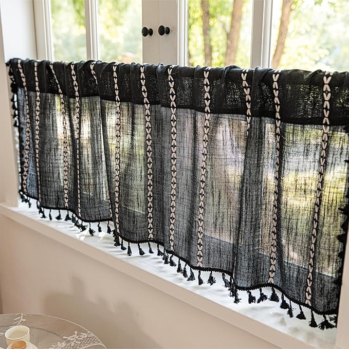 Sutuo Home Boho Valance Curtain 18 inches for Kitchen Cafe Dining Room, Short Farmhouse Vintage Tassels Window Treatment Bohemian Stripe Embroidery Drape, Rod Pocket 1 Panel 52" W x 18" L, Black
