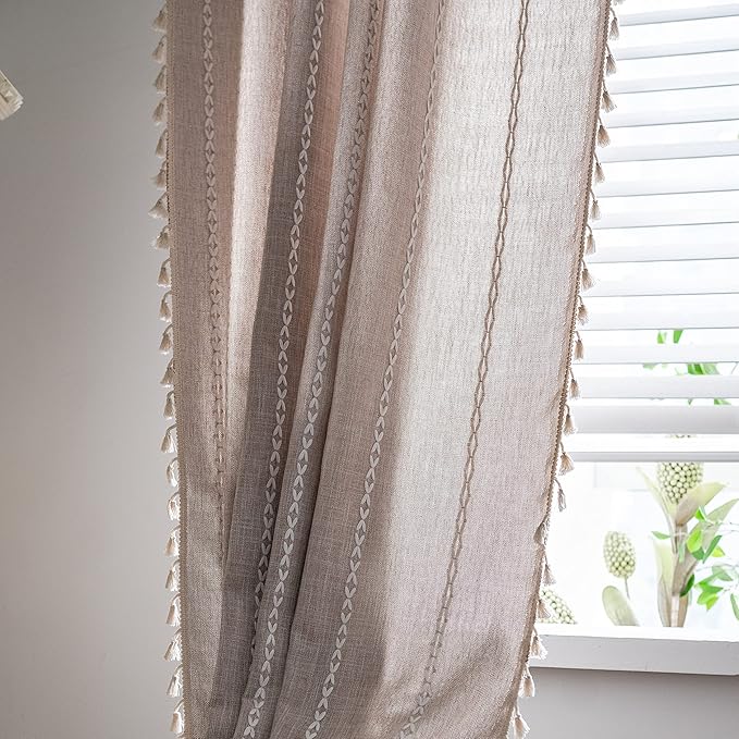 Sutuo Home Boho Curtains for Bedroom 96 Inches Long, Light Filtering Farmhouse Vintage Shabby Chic Tassels Window Treatment Bohemian Embroidery Drape, Rod Pocket 1 Panel 52" W x 96" L, Taupe