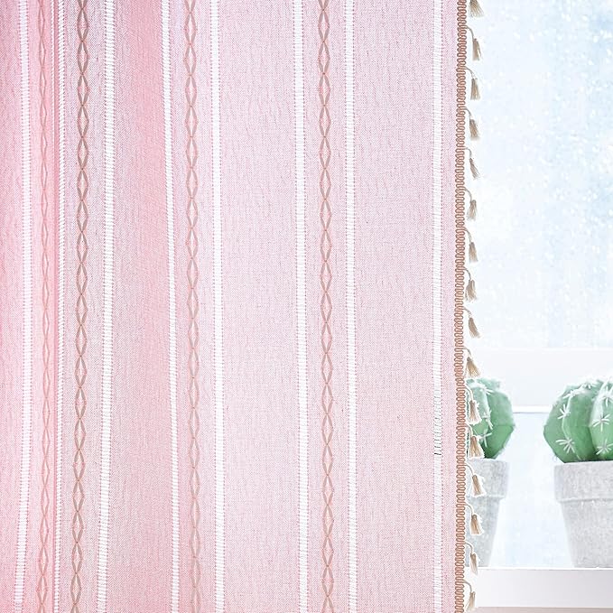 Sutuo Home Boho Curtain for Bedroom Living Room Nursery Kitchen, Light Filtering Country Farmhouse Vintage Chic Tassels Hollow Window Treatment Bohemian Drape, 1 Panel 52" W x 108" L, Pink