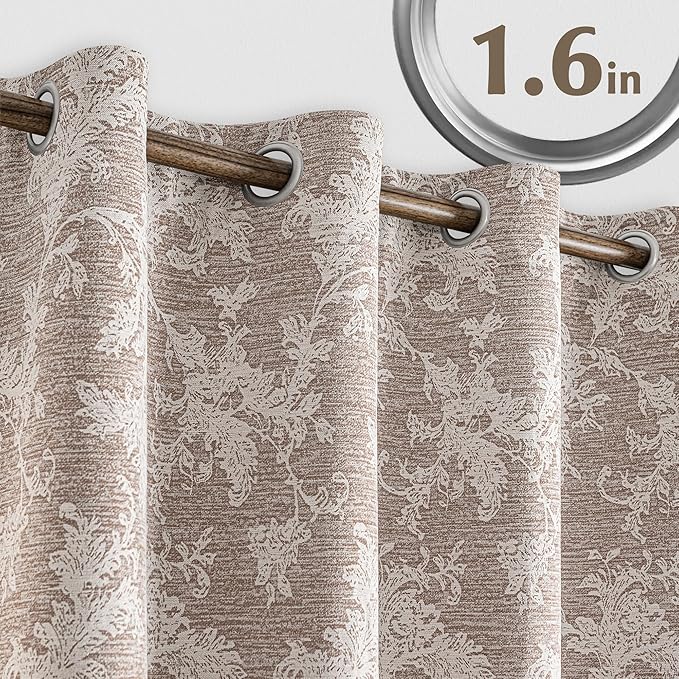 FMFUNCTEX Rust Brown Floral Jacquard Blackout Curtains 84 Inches Long for Bedroom, Scroll Flower Chenille Farmhouse Curtains for Living Room Darkening Thermal Insulated Grommet Window Drapes 2 Panels