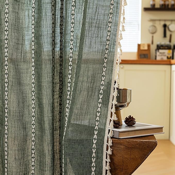 Sutuo Home Boho Door Curtains for Doorway Patio, Bohemian Linen Tassles Light Filtering Christmas Temporary Room Privacy Dividers For Bedroom Living Room, Rod Pocket 1 Panel 37" W x 80" L, Olive Green