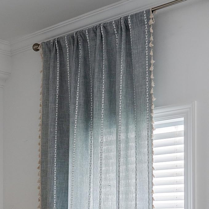 Sutuo Home Boho Curtain for Bedroom Living Room Kitchen, Semi Blackout Linen Farmhouse Shabby Chic Tassels Window Treatment Bohemian Embroidery Drape, Rod Pocket 1 Panel 52" W x 84" L, Greyish Blue