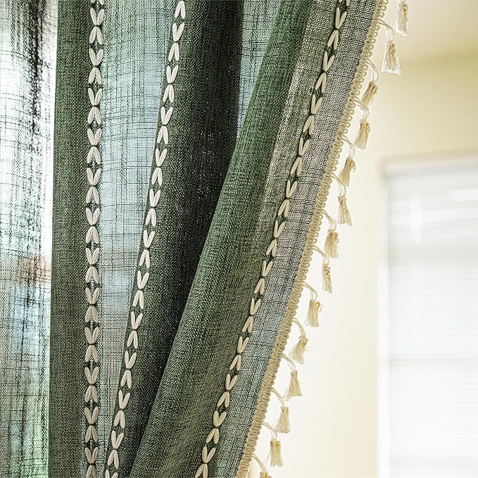 Sutuo Home Boho Door Curtains for Doorway Patio, Bohemian Linen Tassles Light Filtering Christmas Temporary Room Privacy Dividers For Bedroom Living Room, Rod Pocket 1 Panel 37" W x 80" L, Olive Green