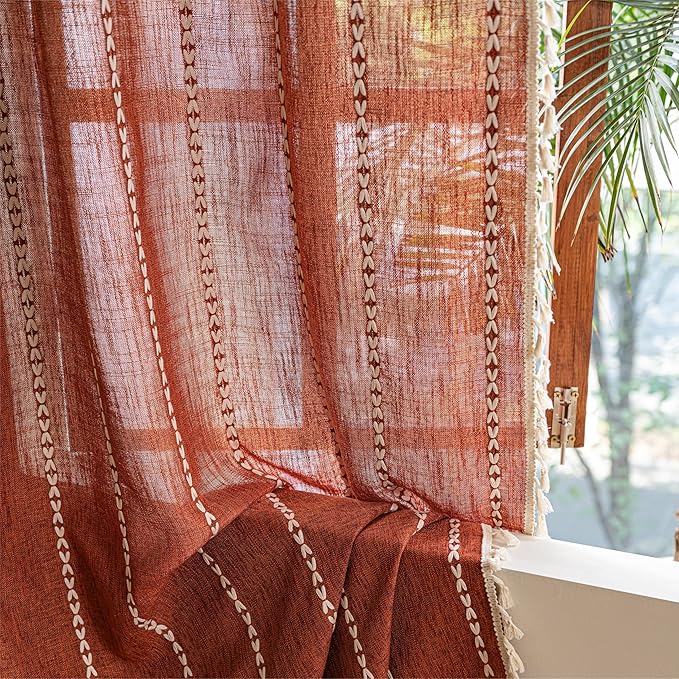 Sutuo Home Boho Window Curtains for Nursery Kid's Room, Burnt Orange Light Filtering Linen Farmhouse Privacy Window Treatment Bohemian Embroidery Strips, Rod Pocket 1 Panel 52" W x 72" L, Terracotta