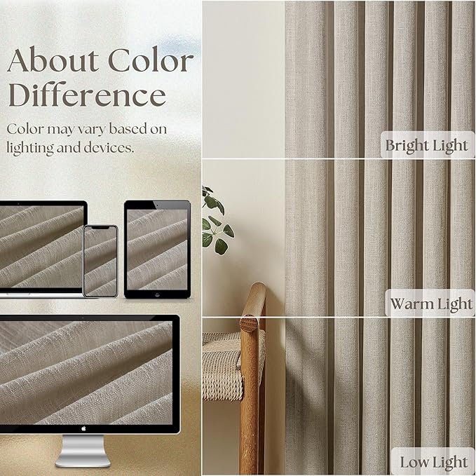102 Inch Long Curtains Pinch Pleat Linen Curtains for Living Room Bedroom 2 Panels Tan Brown Burlywood Taupe Light Filtering Privacy 102 Inch Pleated Drapes Hooks Rings Back Tab for Sliding Door