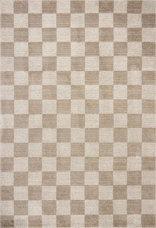 Loloi Chris Loves Julia Calvin Collection CLV-01 Pebble/Ivory 2'-7" x 10'-0" Runner Rug Checkered Neutral Soft Living Room Bedroom Carpet