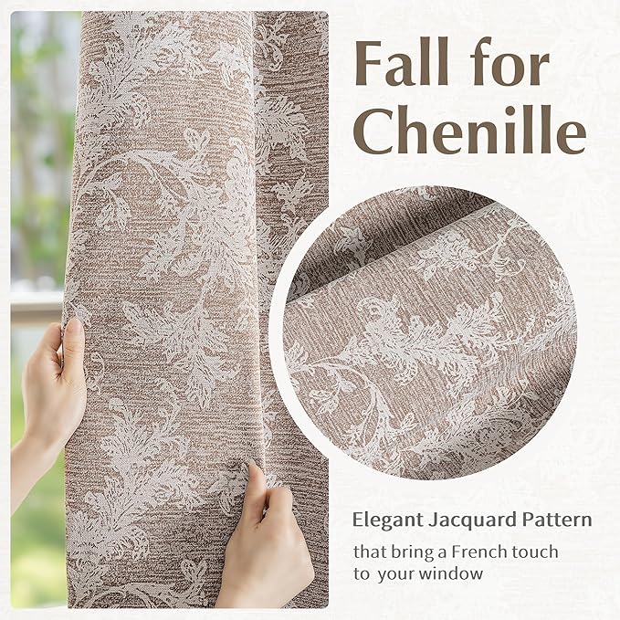FMFUNCTEX Rust Brown Floral Jacquard Blackout Curtains 84 Inches Long for Bedroom, Scroll Flower Chenille Farmhouse Curtains for Living Room Darkening Thermal Insulated Grommet Window Drapes 2 Panels