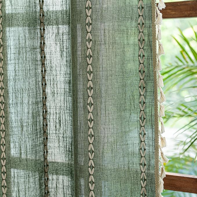 Sutuo Home Boho Window Curtains for Nursery Bedroom, Light-Filtering Linen French Country Shabby Chic Window Treatment Bohemian Embroidery Knitted Drape, Rod Pocket 1 Panel 52" W x 72" L, Olive Green