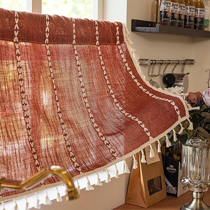 Sutuo Home Boho Short Curtains Valance for Cafe Doorway Closet, Light Filtering Linen French Country Shabby Window Treatment Bohemian Embroidery Drape, Rod Pocket 1 Panel 52" W x 36" L, Terracotta
