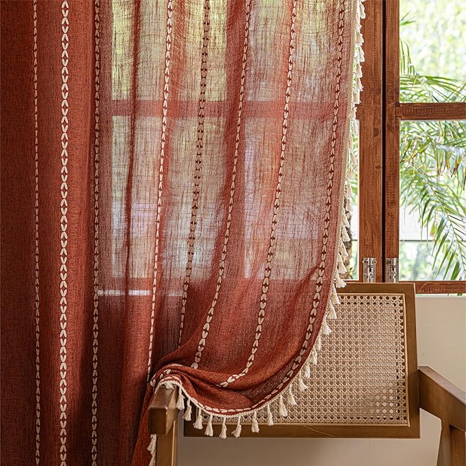Sutuo Home Boho Window Curtains for Nursery Kid's Room, Burnt Orange Light Filtering Linen Farmhouse Privacy Window Treatment Bohemian Embroidery Strips, Rod Pocket 1 Panel 52" W x 72" L, Terracotta