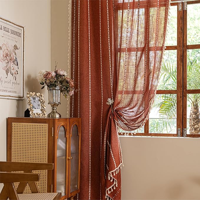 Sutuo Home Boho Window Curtains for Nursery Kid's Room, Burnt Orange Light Filtering Linen Farmhouse Privacy Window Treatment Bohemian Embroidery Strips, Rod Pocket 1 Panel 52" W x 72" L, Terracotta