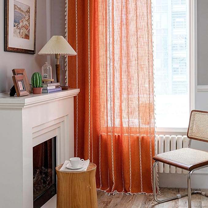 Sutuo Home Orange Boho Curtains for Bedroom Living Room, Semi Blackout Linen Farmhouse Tassels Window Treatment Bohemian Embroidery Drape for Fall Autumn Decor, Rod Pocket 1 Panel 52" W x 72" L