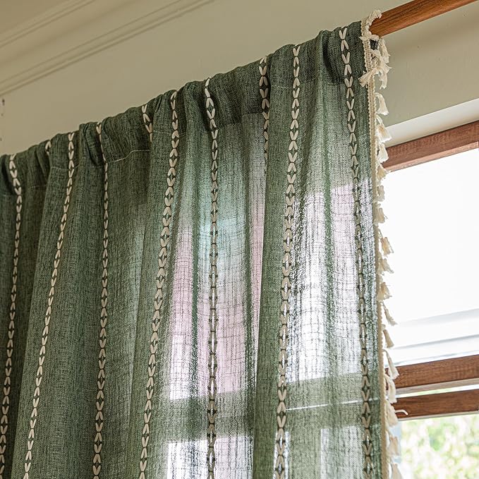 Sutuo Home Boho Kitchen Curtains with Beige Tassels, Semi Blackout Linen French Country Shabby Chic Window Treatment Bohemian Embroidery Knitted Drape, Rod Pocket 1 Panel 52" W x 63" L, Olive Green