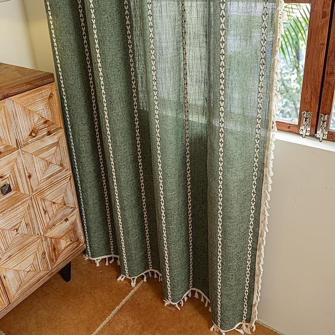 Sutuo Home Boho Kitchen Curtains with Beige Tassels, Semi Blackout Linen French Country Shabby Chic Window Treatment Bohemian Embroidery Knitted Drape, Rod Pocket 1 Panel 52" W x 63" L, Olive Green