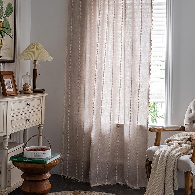 Sutuo Home Boho Curtains for Bedroom Living Room 63 Inch Length, Light Filtering French Country Farmhouse Vintage Shabby Chic Tassels Window Treatment Bohemian Drape, 1 Panel 52" W x 63" L, Taupe