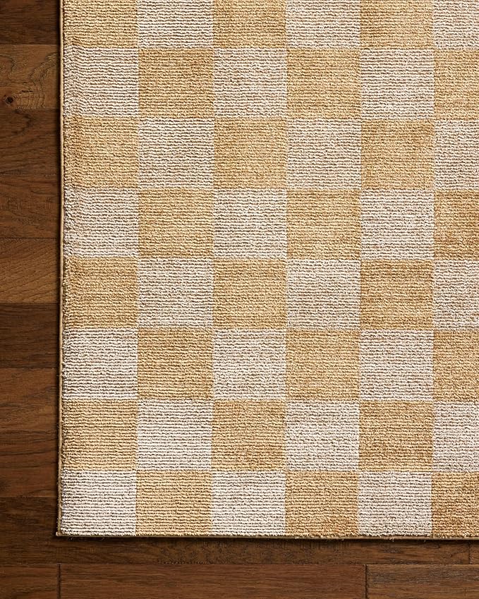 Loloi Chris Loves Julia Calvin Collection CLV-01 Apricot/Ivory 5'-3" x 7'-6" Area Rug Checkered Neutral Soft Living Room Bedroom Carpet