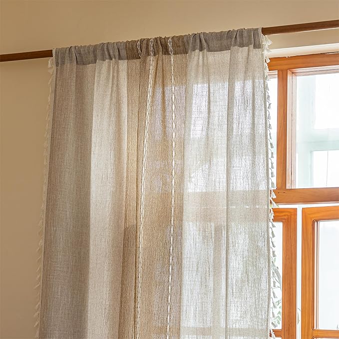 Sutuo Home Boho Curtains 96 inches for Bedroom Dining Room,French Country Bohemian Vintage Chic Drape Light Filtering Privacy Window Treatment Tassels, Rod Pocket 1 Panel 52" W x 96" L, Khaki Linen