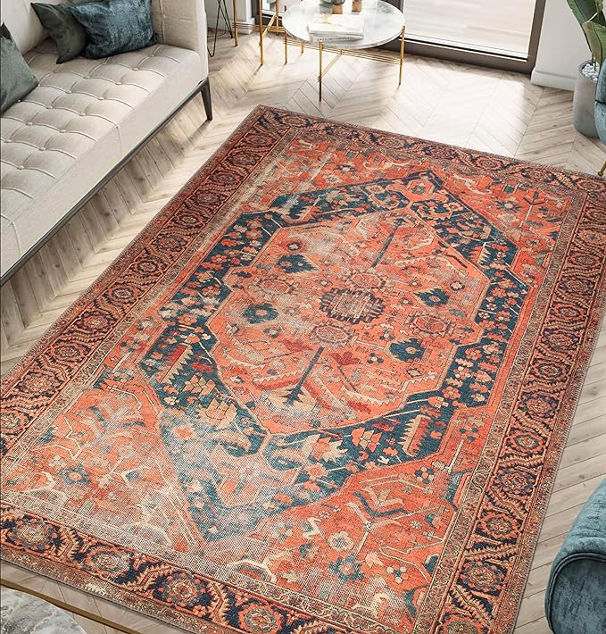 Keen Home Design 5x7 Rug - Machine Washable Area Rug with Non-Slip Backing, Ideal for Living Room, Dining Room, Bedroom - Vintage, Easy Clean, Durable, Low Pile Rug - (5' x 7')